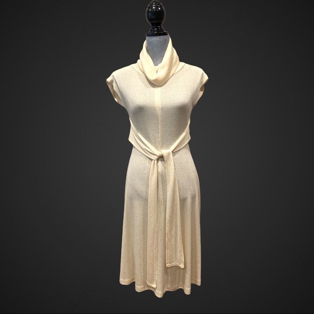 Vintage Cream Nylon Lightweight Sweater Cowl Dress with Tie Waist Sheer